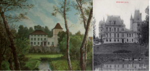 Védilhan peint par Gabriel en 1889 et carte postale du château dans son style « néo Renaissance » vers 1905 après les travaux réalisés par l’architecte Jules Mas.